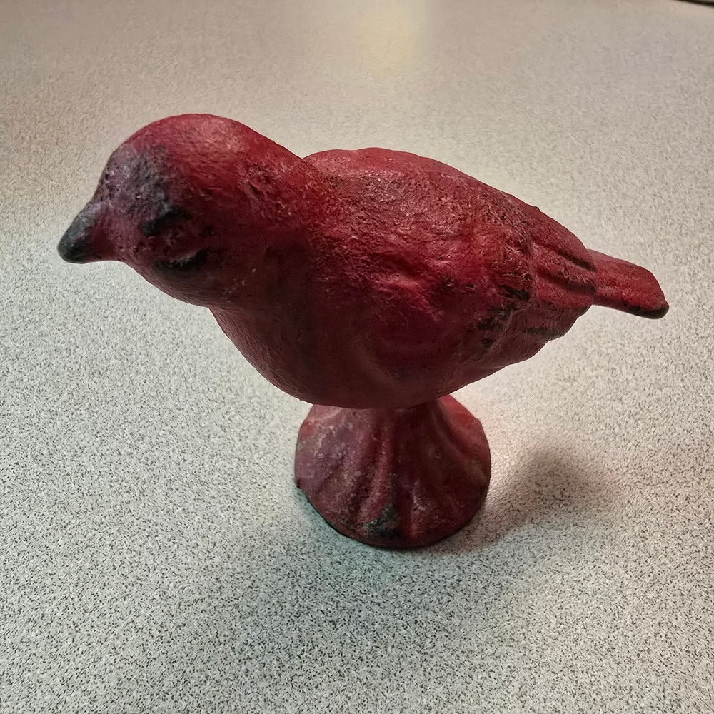 Cast Iron Bird Figurine Pedestal Red Rustic Farmhouse Decor 3.5in 5in